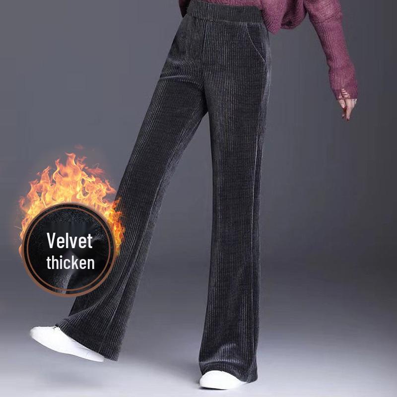 Dámské manšestrové kalhoty s vysokým pasem a širokými nohavicemi s fleecem - Pohodlné, volný střih pro podzim a zimu.