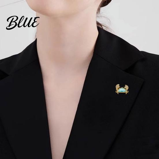 Alloy Crab Pin Women Brooch Sparkling Rhinestones Blue Shell Small