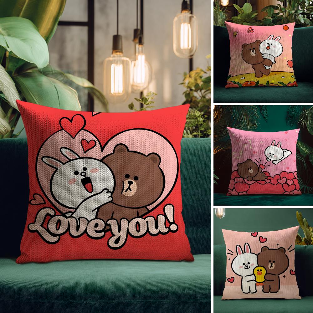 BBrown BearR And Cony Cushion Cover Natural Linen Pillow Case DoubleSided Print Decorative Sofa Pillowcase Home Decor Gift