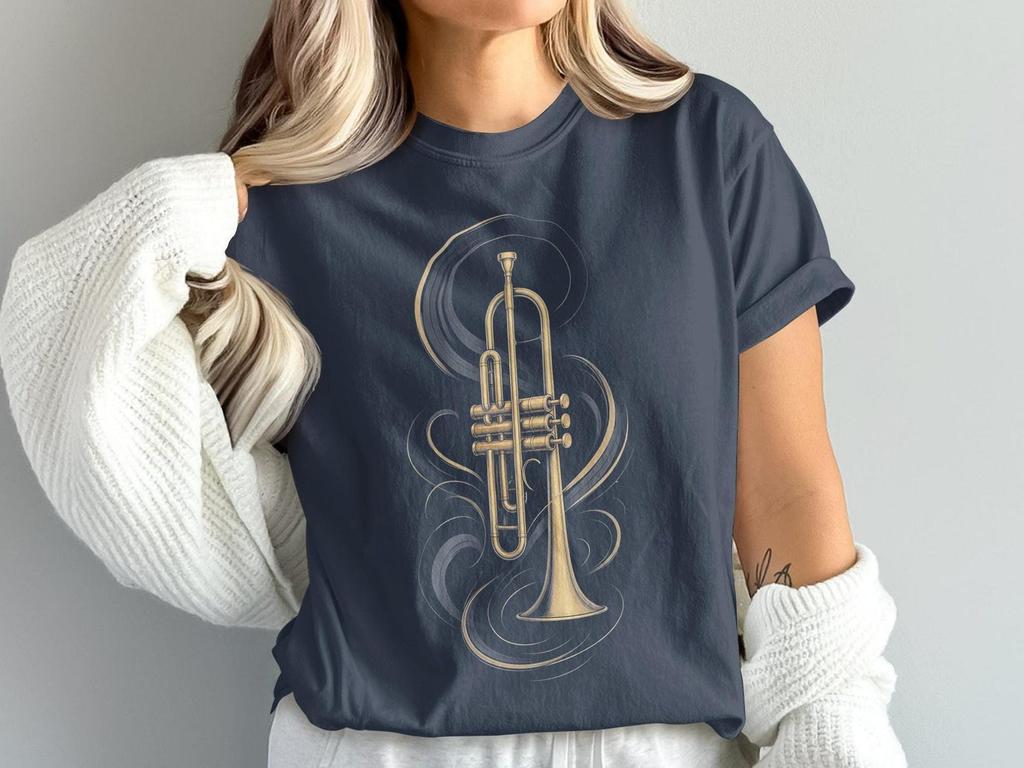 Concert Outfit Shirt, Jazz Trumpet Art with Faux Gold Brass Graphic