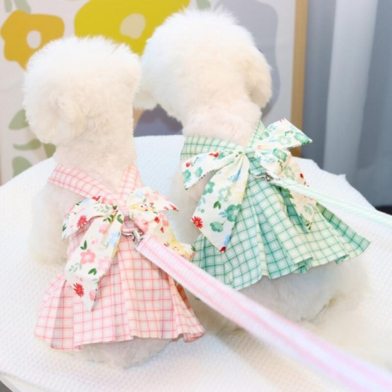 Check harness ribbon one-piece dog clothes green