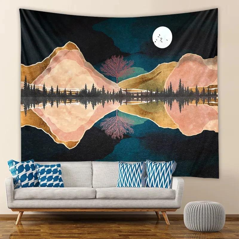 Abstract Mountain Geometric Print Tapestry Ins Sun Forest Landscape Wall Hanging Tapestry Home Bedroom Living Room Decoration