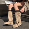 European Station 2025 Autumn New Leather Tassel Strap Tall Western Boots Flat Bottom Foldable Pile Boots Women