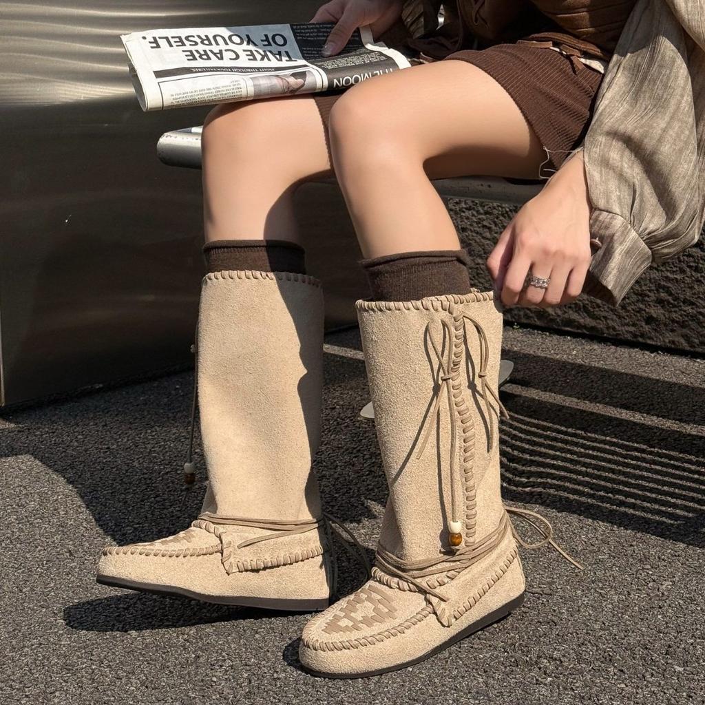 European Station 2025 Autumn New Leather Tassel Strap Tall Western Boots Flat Bottom Foldable Pile Boots Women