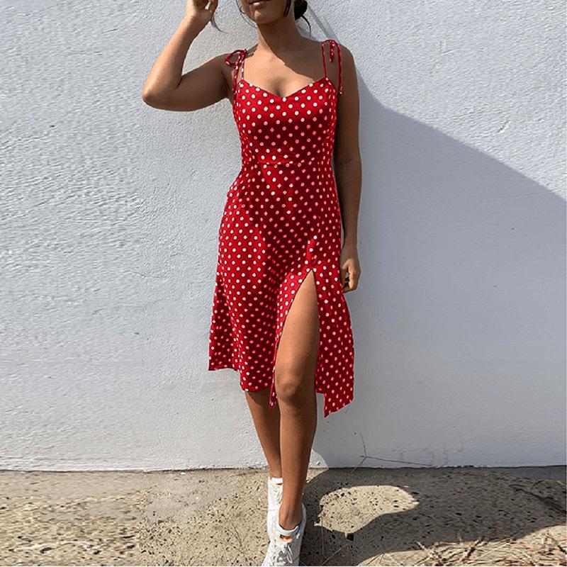 European and American Backless with Rubber Band Strap Black and White Polka Dot Split Dress