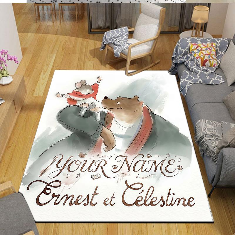 Custom Name,Ernest & Celestine Home Sofa Decoration for Living Room & Bedroom, Non‑Slip Play Flannel Floor Mat for Game Room