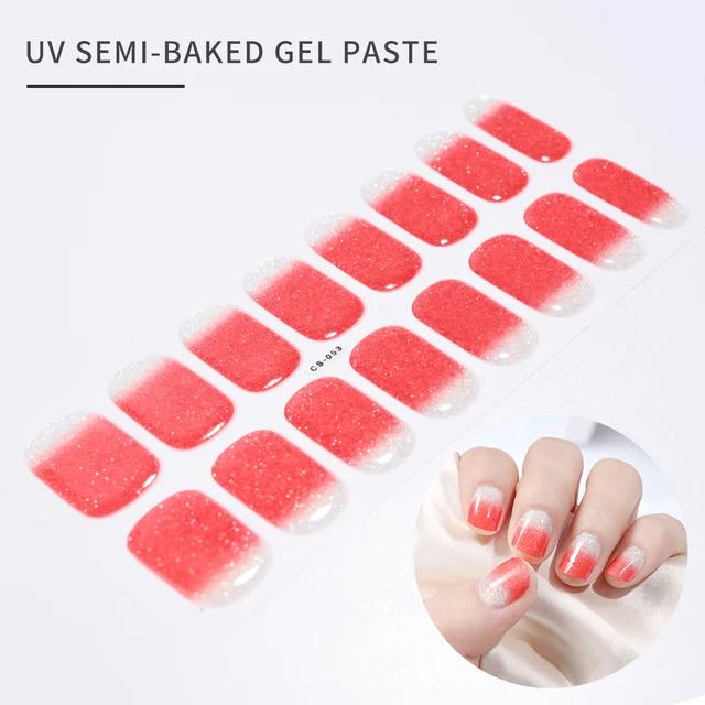 16Tips UV Semi-Cured Gel Nail Art Stickers Combo Pack Glitter High-Gloss Water-Proof Polish Wraps Full Cover Manicure Nails