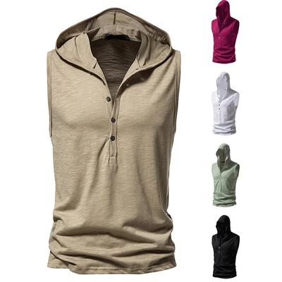 Cotton 100% Male Sleeveless Design Tank Tops Tees T-shirt Soft Vest Fashion Button Hooded Top Solid Color Sportswear