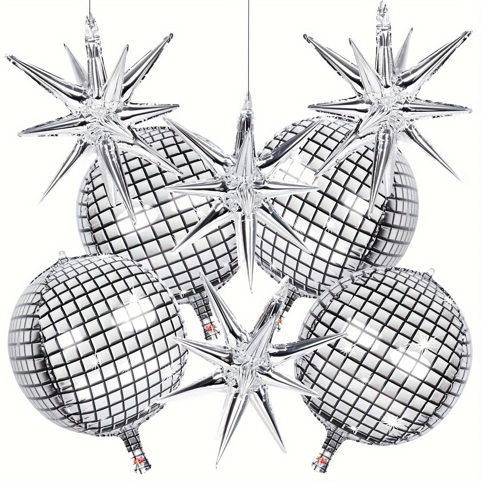 8-Pack 22inch Silver Disco Balloons, 4 Silver Disco Balloons, 4 Silver Exploding Stars, Foil Balloons, Suitable for Dance Parties, Other
