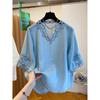 Women Blue Lace Hollow Out Loose Casual Summer Blouse Shirt
