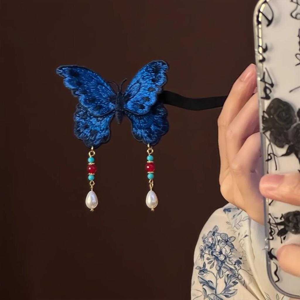Handmade Antique Style Blue Butterfly Embroidered Hairpin Chinese Hanfu Accessory Hairpin Ancient Style Side Hairpin Headwear