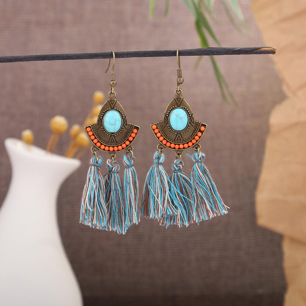 Turquoise Bohemian Owl Feather Tassel Earrings - Bronze Geometric Carved Design with Palm and Dreamcatcher Elements