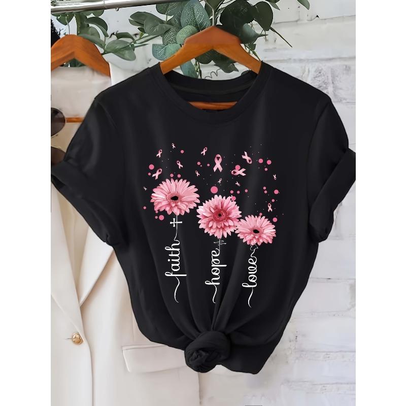 European sizes Women'S Floral Faith Letter Print T-Shirt, Casual Crew Neck Short Sleeve Top, Polyester Knit Fabric, All Season Comfort Fit