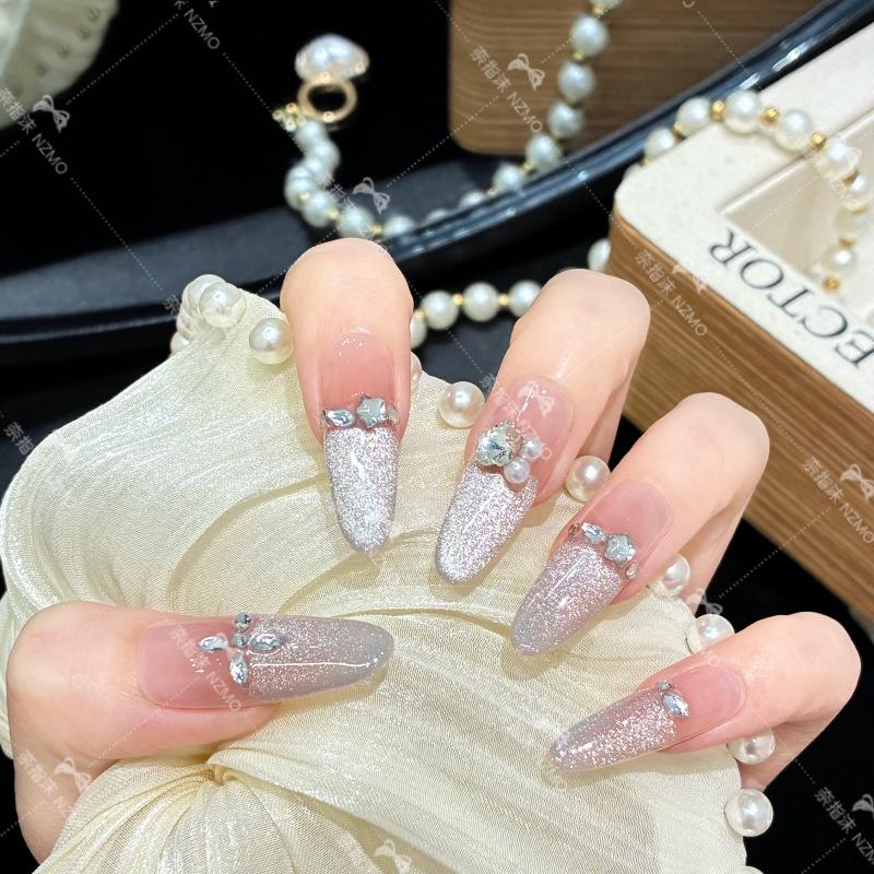 Cat Eye French Design Handmade Wearable Nails - Ins Style Nail Art XS (Long Oval)
