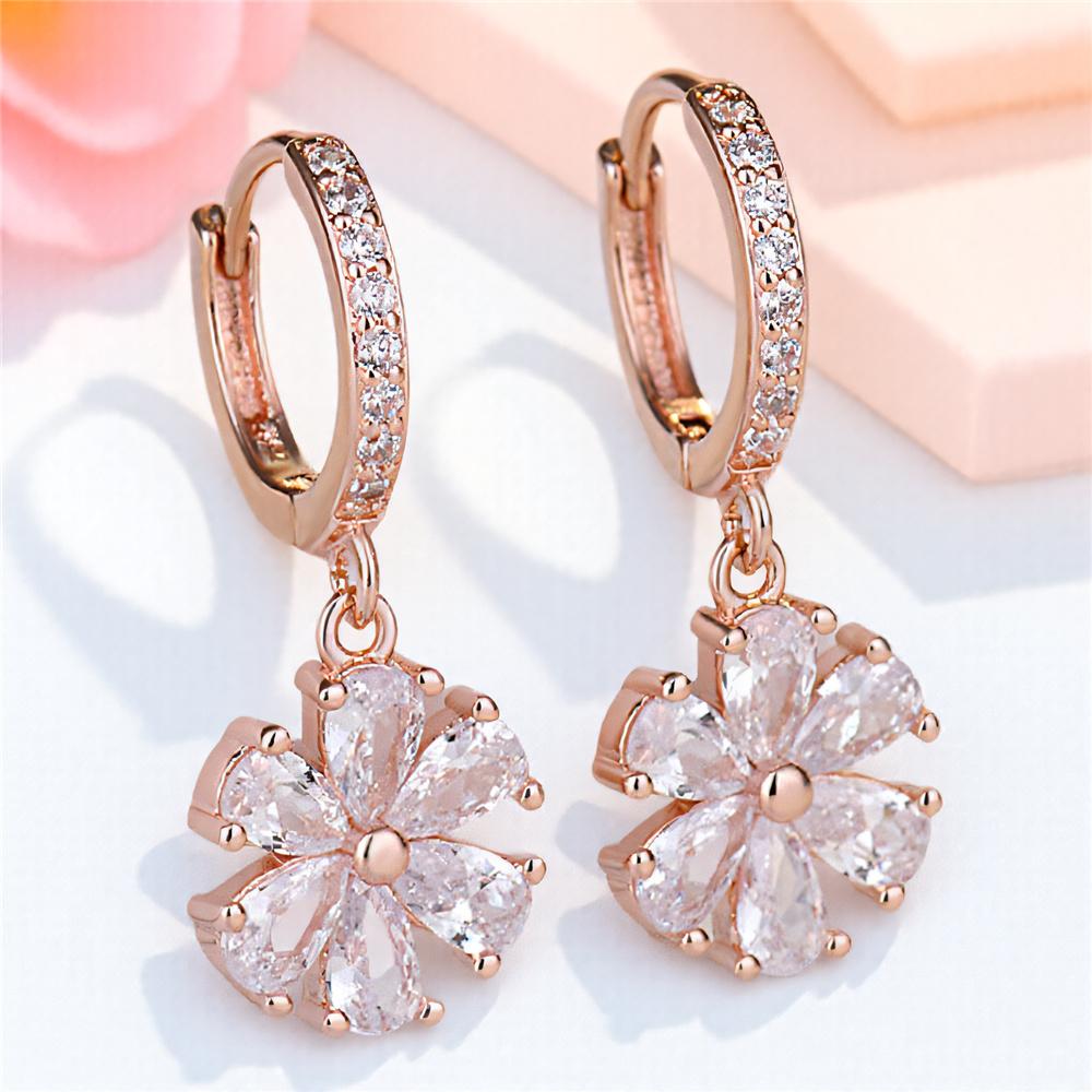 

White Zircon Stone Love Flower Hoop Earrings Luxury Female Rose Gold Color Wedding Jewelry For Women