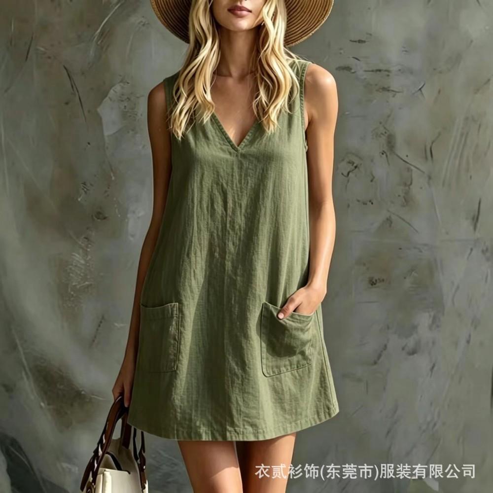 New European and American women's clothing, sleeveless V-neck casual and comfortable dress