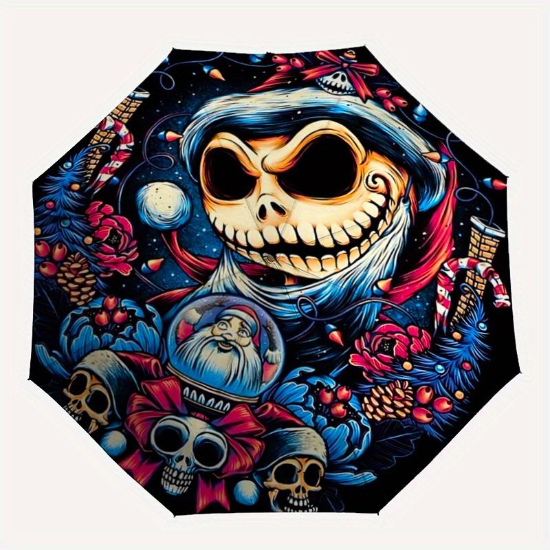 1pc Christmas Skeleton Design Durable Cartoon Folding Umbrella, Portable 3-Fold Compact Umbrella for Men and Women, Suitable for Travel or Daily