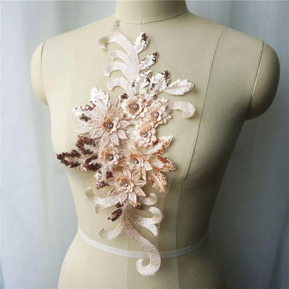 Rhinestone Embroidery Sew Patch 3D Flowers Lace Appliques Appliques Wedding Gown Appliques