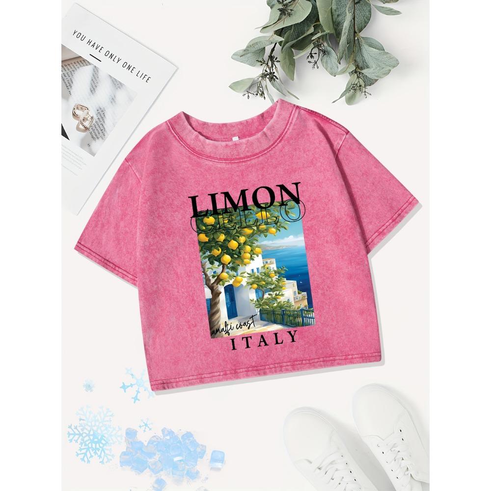 Sexy Cotton Crop Tops Womens Amalfi Coast Italy Lemonprinting Washed T-Shirts Fit Tees Y2K Womans Clothes