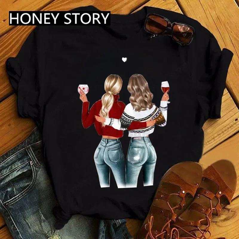 Summer Fashion Best Friends T-Shirt Short Sleeve Graphic Tees for Ladies Good Friend Bestie Sister Outfit Polyester Fabric