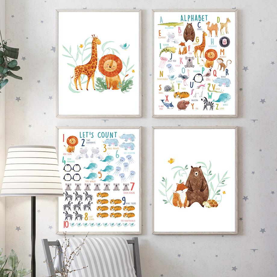 Animal World Map Alphabet Count Number Wall Art Canvas Painting Nordic Posters And Prints Kids Wall Pictures For Baby Room Decor