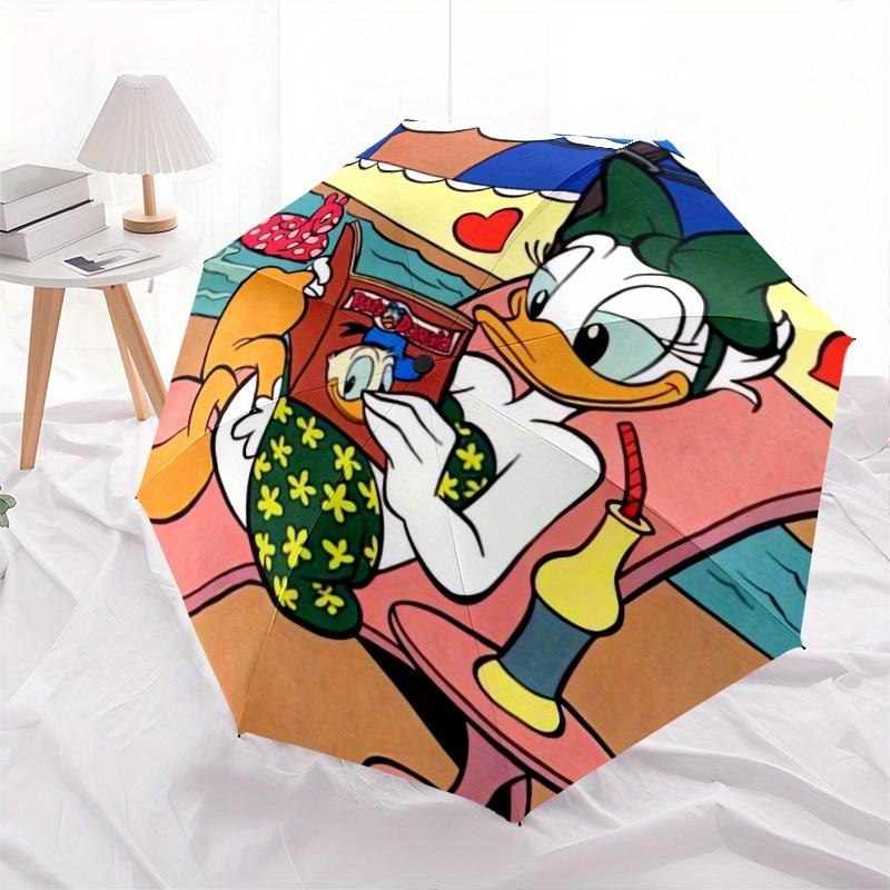 Margarida Duck Reading Book Beach Automatic Folding Umbrella - 3 Folding Design, Vivid Cartoon Pattern, Suitable for Outdoor Activities, A G