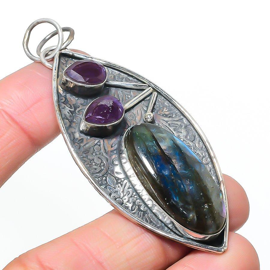 Natural Labradorite, Amethyst 925 Sterling Silver Jewelry Pendant 2.96 AP-14546