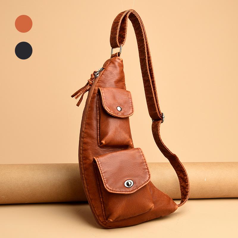 Women's Breast Bag Washed Leather Fanny Pack Soft Leather Retro Casual Messenger Bag Personalized Simple Shoulder Bag