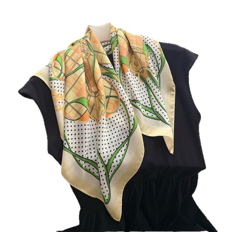 Chain Dot Printed Silk Like Small Square Scarf For Women Sun Protection