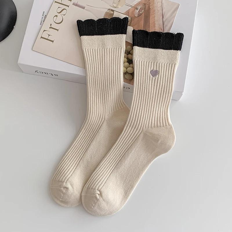 

Casual Cute Heart Embroidery Korean Woman New Simple Socks Female Breathable Fashion Long Crew Socks Girls Kawaii Cotton Socks One Size слоновая кость