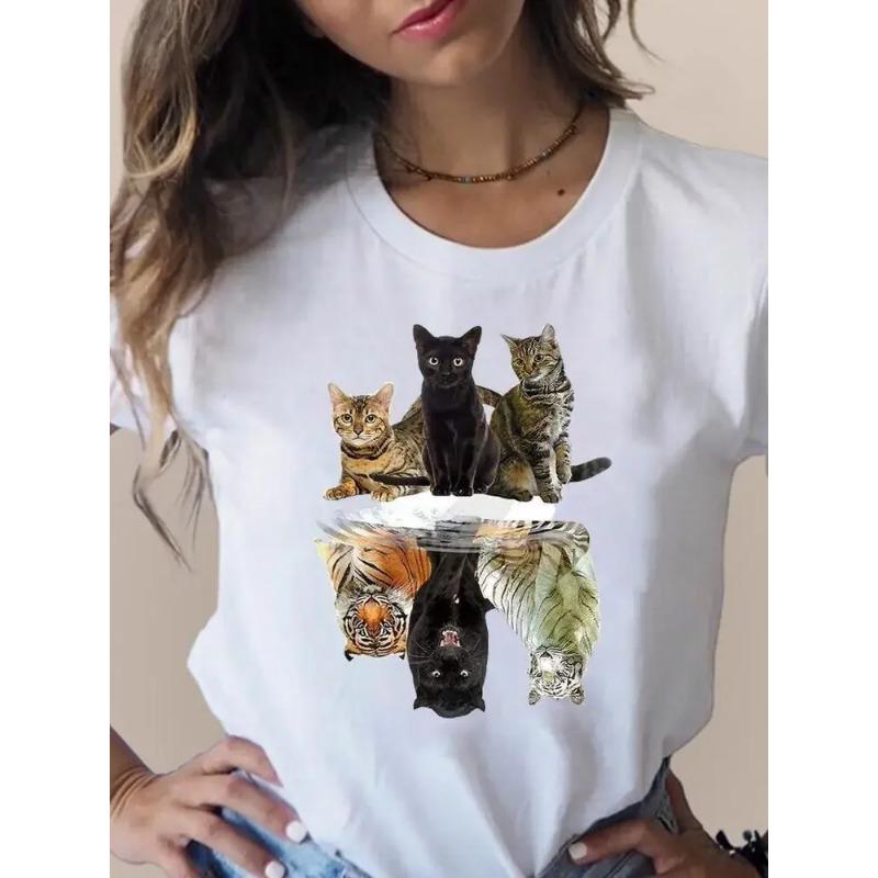 Summer Round Neck Cat Pattern Printed Top Fashionable Casual Short Sleeved Women's Pure Cotton T-shirts