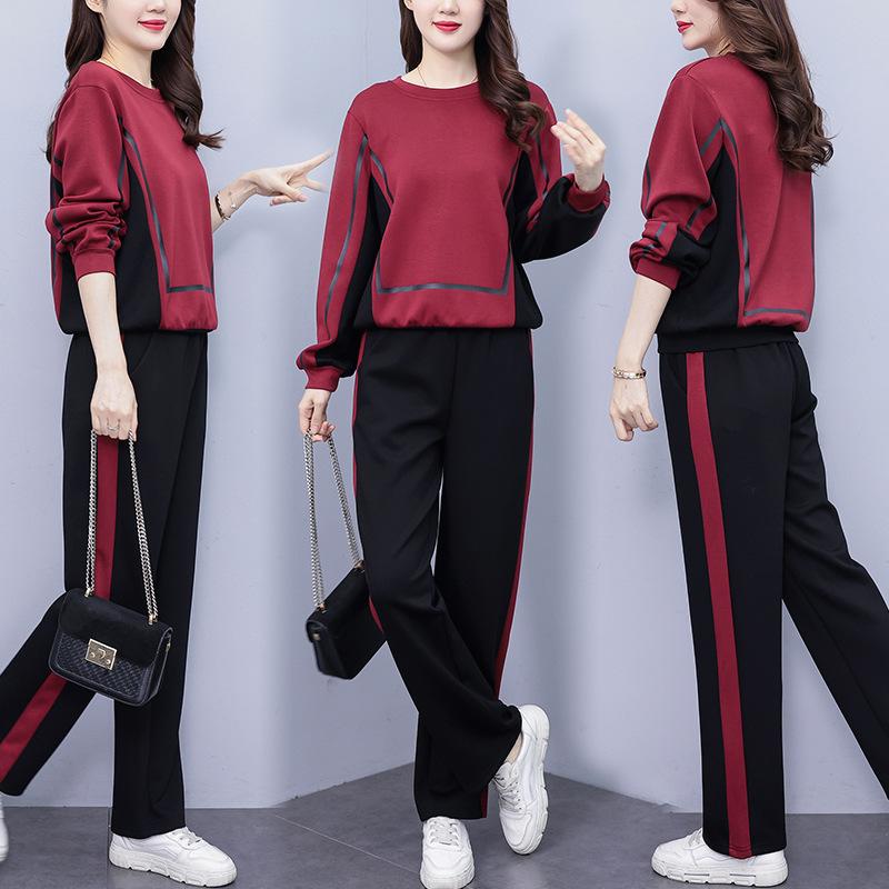 Casual Fashion Suit Plus Size Women's Contrast Color Round Neck Sweater Wide-leg Pants Two-piece Women