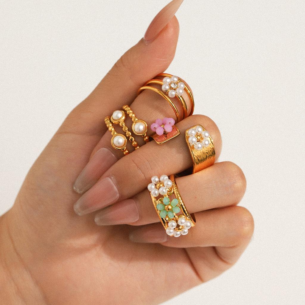 Pearl Ring Niche Design Hand Jewelry Titanium Steel Open Ring Women's Non-fading Flower Stainless Steel Ring