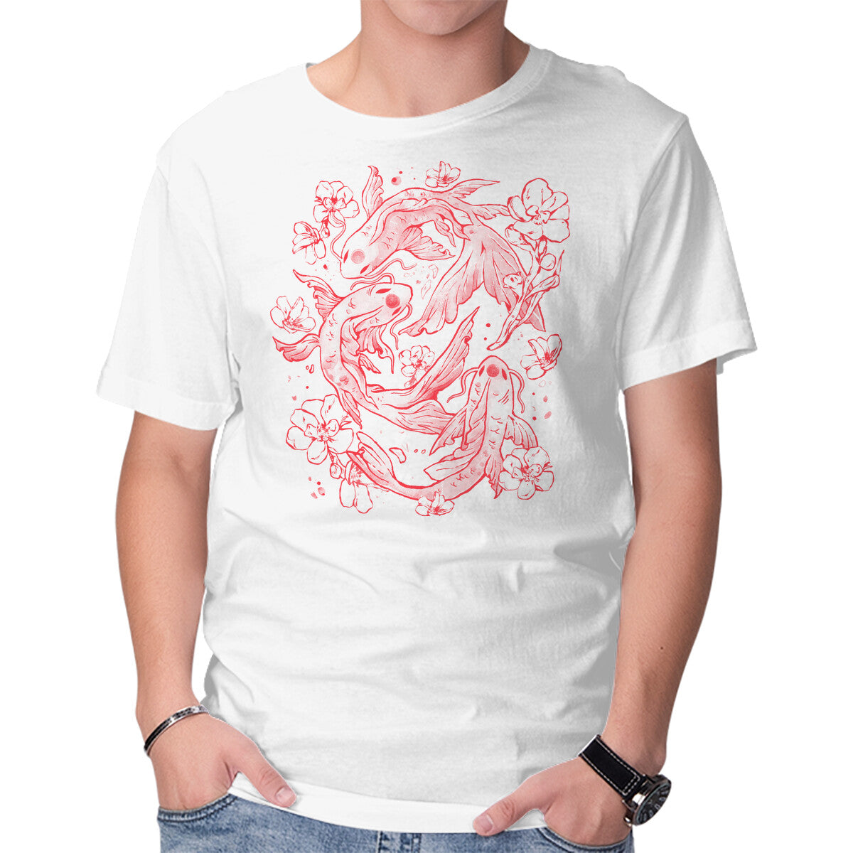 Unisex Crew Neck T-Shirt Red Koi Graphic Short Sleeve Casual Tee M