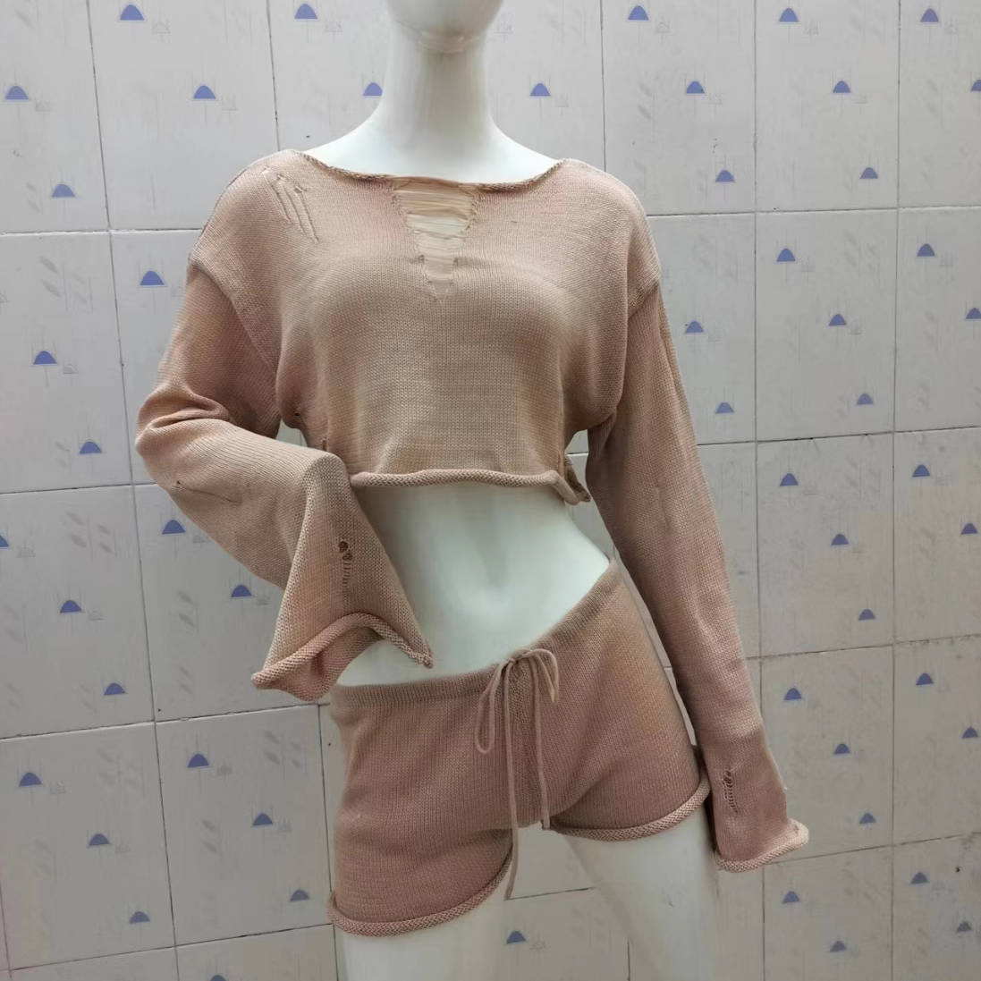 

Летние вязаные шорты, комплекты для женщин, сексуальные прозрачные вязаные накидки с длинными рукавами, женские шорты на шнуровке с высокой талией для отпуска, пляжные укороченные топы, комплекты из 2 предметов S коричневый