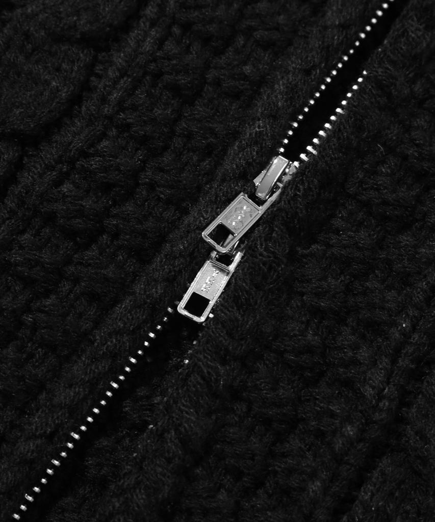 TRILLION Washable Aran Cable Hooded Zip-Up Knit (Pure Black)