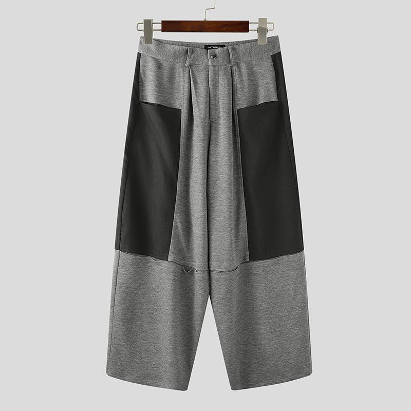 

INCERUN Oversized Men Zipper Waist Pockets Stitching Wide Leg Pants Casual Long Trousers 5XL серый