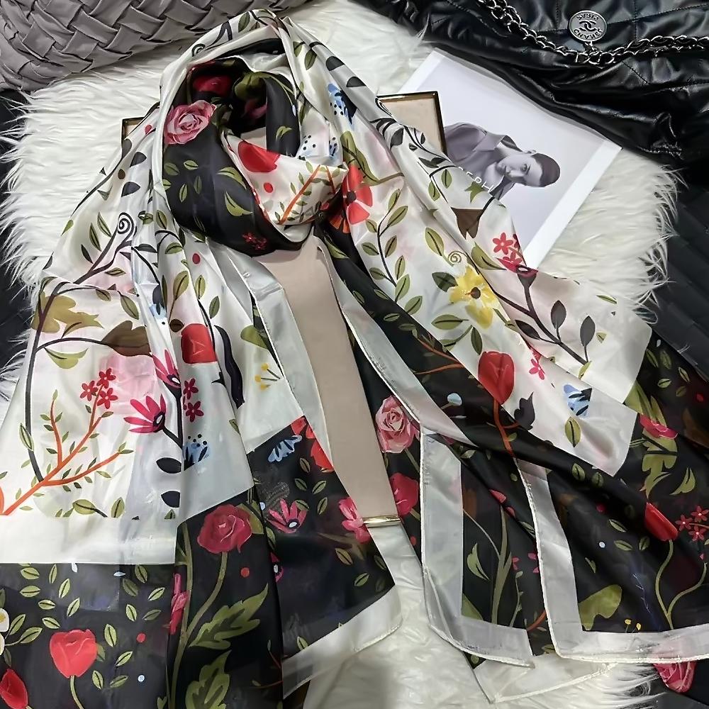 Winter Fashion Women'S Scarf Mulberry Silk Scarves Shawl Female Long Silk Scarf Blue And Coffee 180*110Cm