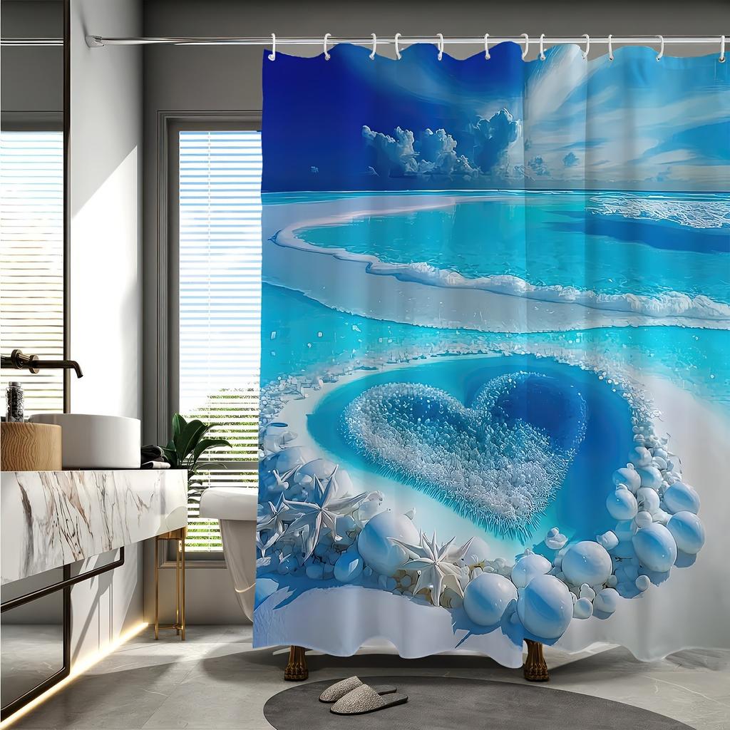 Beach Scenery of Ocean Love Shower Curtain Washable Dirt-Resistant Shower Head Waterproof Polyester Bath Curtain For Home Decor