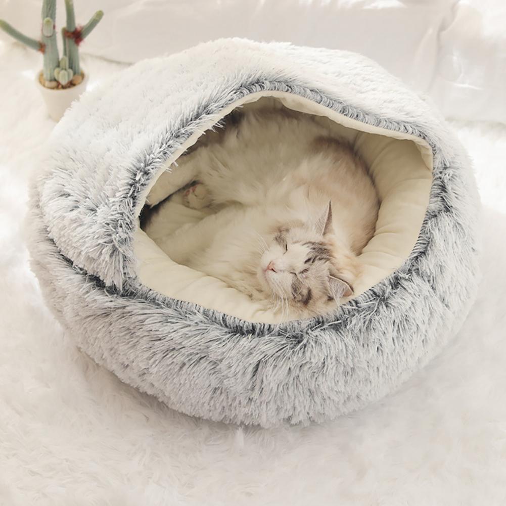 Round Plush Warm Dog Bed Mini Nest House Semi-enclosed Deep Sleep Pet Mat Cushion Blanket Sleeping Bag Puppy Kennel Accessories