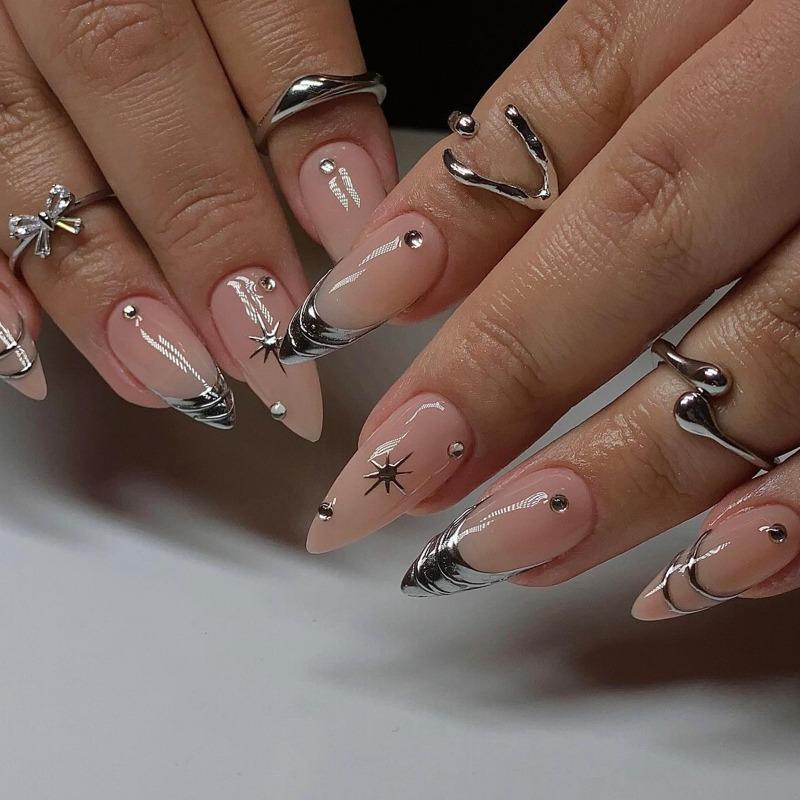 Noste Dlouhý Francouzský Ručně Dělaný Manikúrní Kousek Kamínkový Postupný Přechod Odnímatelná Nálepka na Nehty