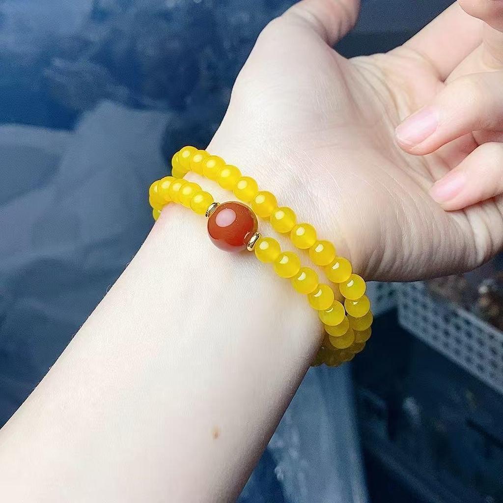 Natural Yellow Agate Double Circle Bracelet with Red Agate Luck Beads for Girls, Simple Bright Jade Style