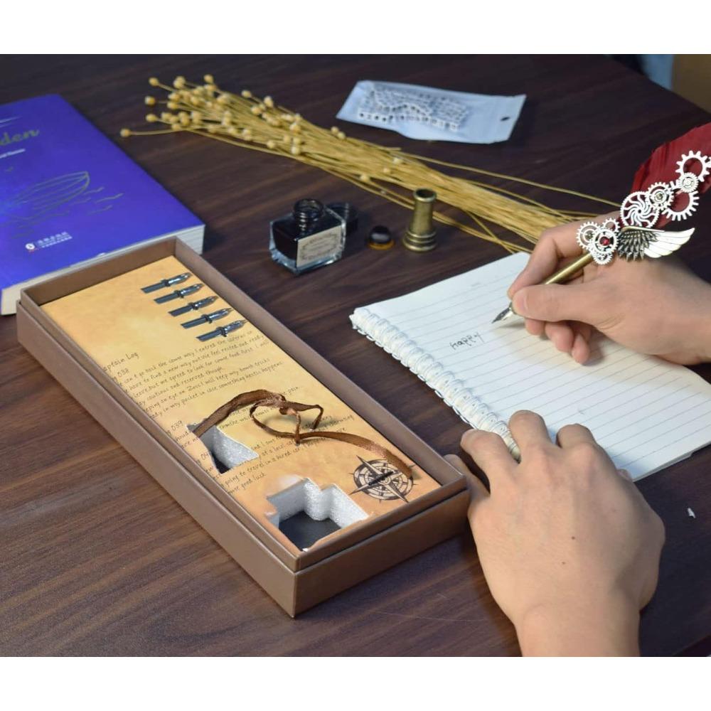 Map with Base Mechanical Wings Dipped In Water Pen Creative Birthday Holiday Gift Set Business Gifts Antique Feather Dip Pen