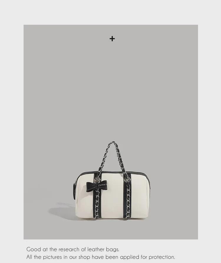 Korean-Style Boston Wax Leather Handbag with Bow Accent