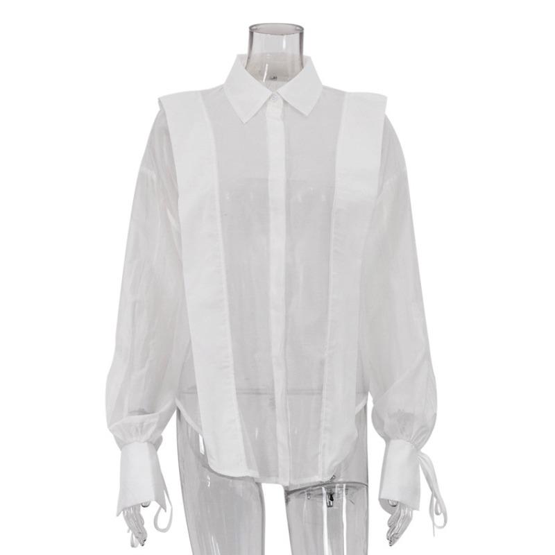 See Through Lapel Women Shirt Long Sleeve Single Breasted Lady Shirts 2026 Fashion Solid Color Lace Up Spring Summer Female Blouse
