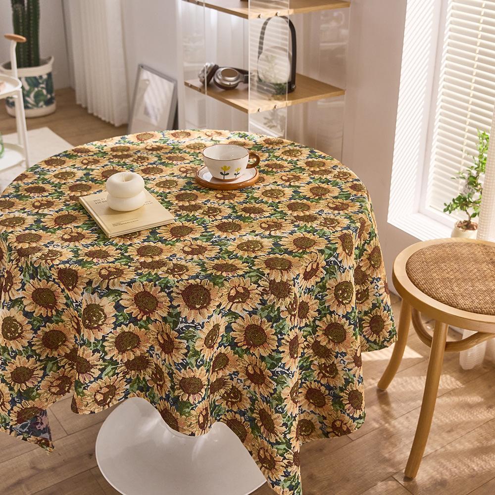 Vintage Sunflower Dining Table Fabric Coffee Table Cloth Round Color Woven Jacquard Tablecloth Pastoral Oil Painting Decorative Cover