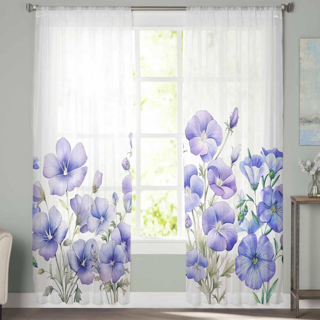 Aquarell handbemalte Trompetenblumen-Tüll-Fenstervorhänge für Schlafzimmer, luxuriöse Wohndekor-Vorhänge im Wohnzimmer, Chiffon-Paneele