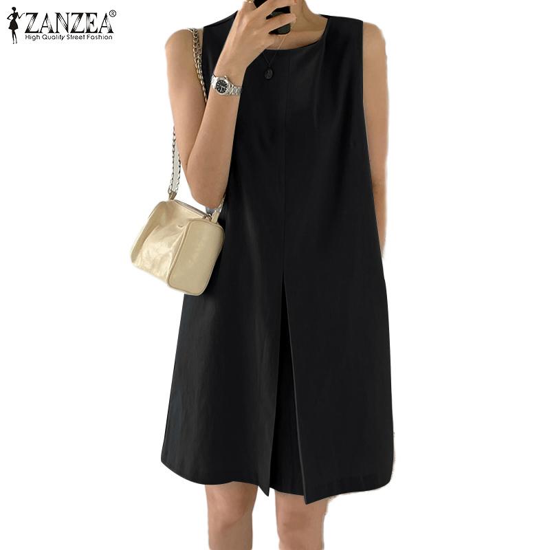 ZANZEA Women Summer Sleeveless Crew Neck Knee Length Dresses