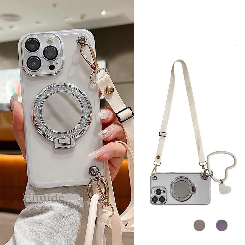 Mirror Stand Silk Strap Case For OPPO Realme 14 Pro Plus Reno 13F 13 12 12F 11 C63 C61 Clear Crossbody Neck Lanyard Soft Cover