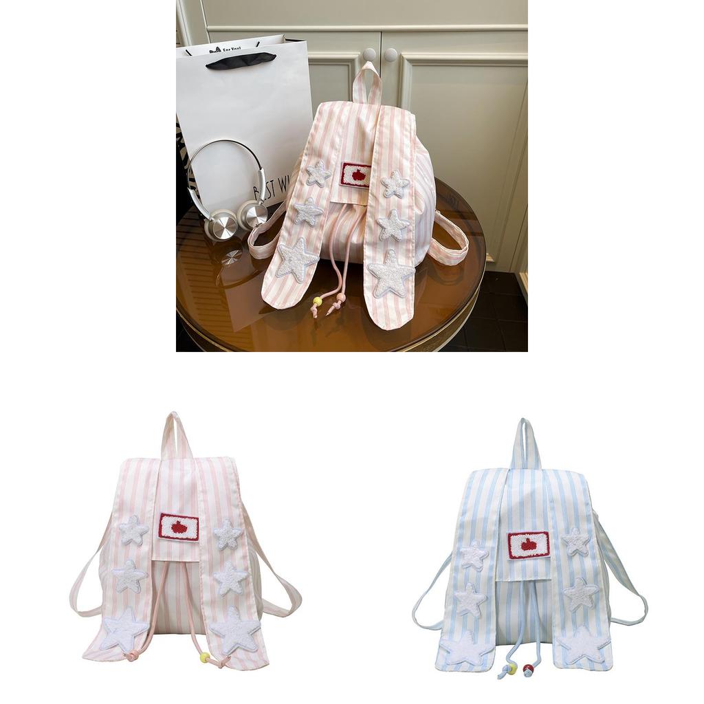Soft Girl Bunny Ear Backpack With Striped Pattern For Daily Use And Student Commute